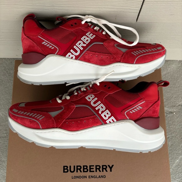 SOLD - Burberry Logo Print Suede Red Sneakers, Like New - Picture 4 of 8